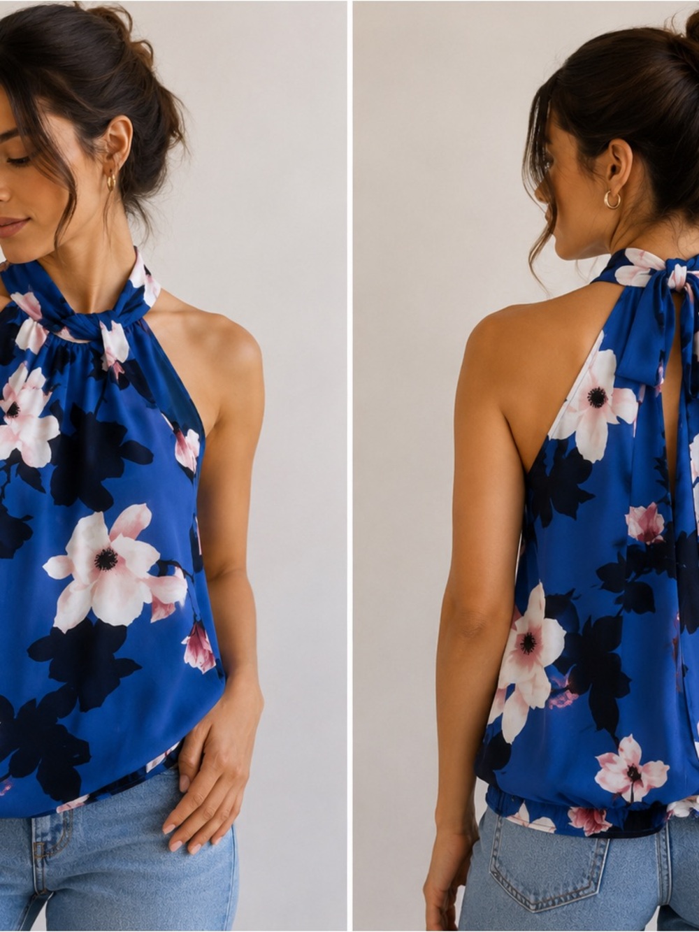 Blue Floral Halter Neck Blouse – Sleeveless Women’s Top